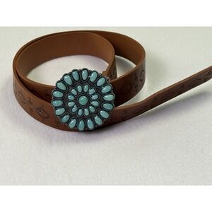 Womens Western Brown Embossed Leather Belt Oval Turquoise Cowgirl Boho Southwest